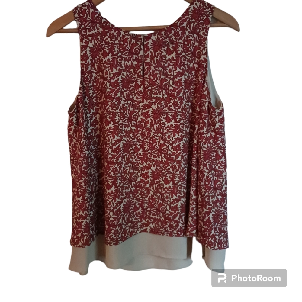 Loft Womens Tank Top Blouse orange Floral Sleeveless Scoop Neck Pleated Button S